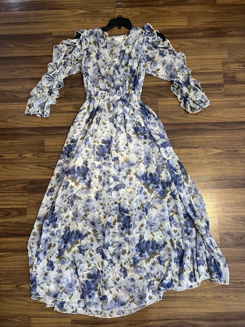 Blue Floral Maxi Dress with Ruffle Sleeve Detail